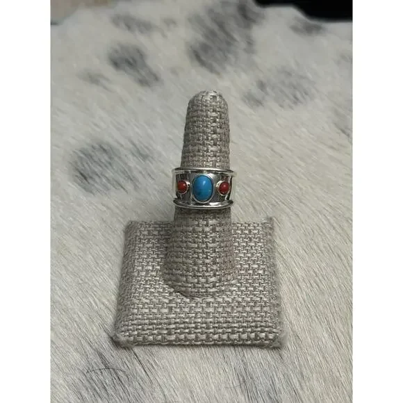 Joseph Esposito ESPO SIG 925 Sterling Silver Turquoise & Coral Wide Band Ring 7
